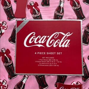 🆕Coca-Cola Pink Twin Sheet Set with Iconic Bottle Design 4 Piece Sheet Set